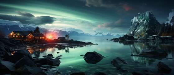Aurora borealis landscape with a house near water