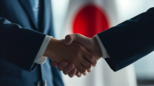 日本国旗の前で握手する様子