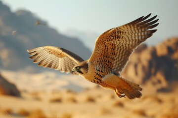Fototapeta premium Falcon catching its prey flying in the middle of the beautiful desert