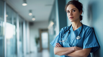 European female nurse in blue uniform outside the medical office. - obrazy, fototapety, plakaty