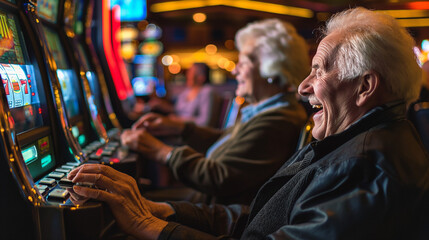 Older couple having fun playing slot machines in casino at night.
