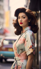 Obraz premium portrait of beautiful Japanese model wearing 1930s fashion dress on street