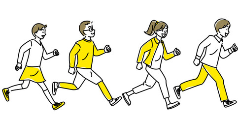 笑顔で走る小学生男女のシンプル線画