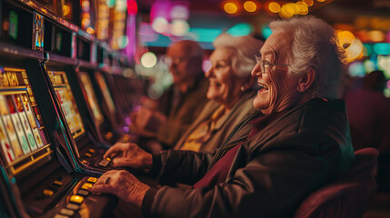 Very happy grandparents playing slot machines inside a casino.