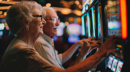 Senior couple having fun inside a casino, using slot machines.