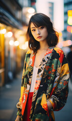 portrait of beautiful Japanese model wearing stylish modern urban clothes on street