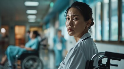 Portrait of Asian female nurse in hospital with a big copy space, Generative AI. - obrazy, fototapety, plakaty