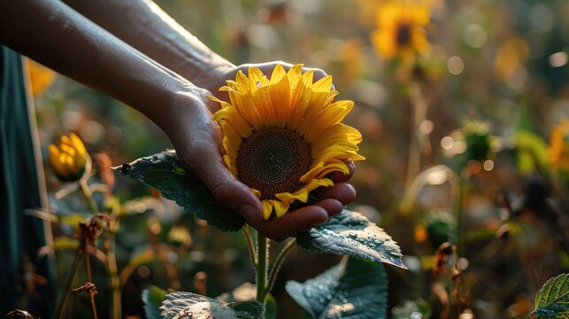Portrait of woman hand holding flower in sunflower field, Generative AI.