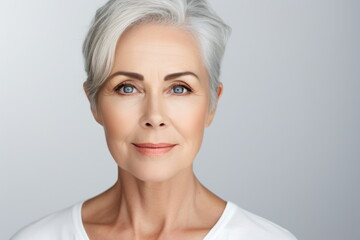 Portrait of a beautiful mature woman with short gray hair and blue eyes