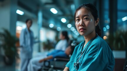 A large copy space in a hospital portrait of an Asian woman nurse, Generative AI. - obrazy, fototapety, plakaty