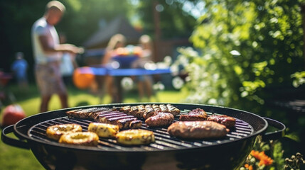 A friends having a picnic barbeque grill in the garden. having fun eating and enjoying time. Sunny day in the summer.