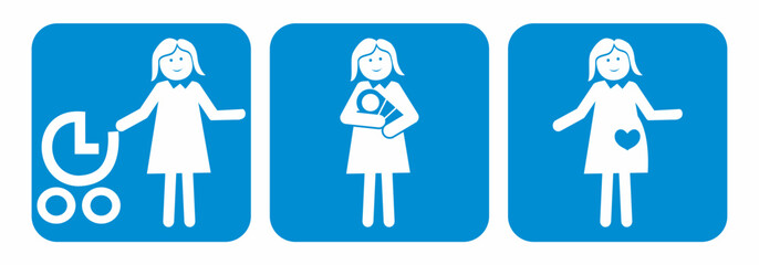 Set three symbols, pregnant woman, mother with newborn baby, person with stroller, character collection, vector icons on blue background. 