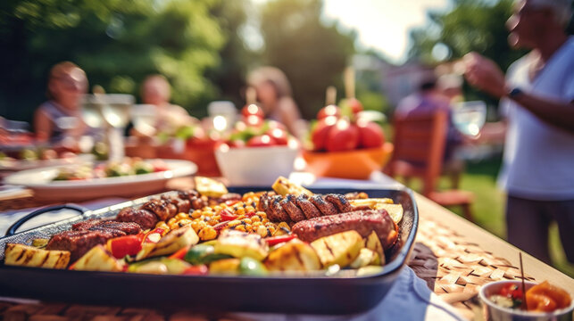 A friends having a picnic barbeque grill in the garden. having fun eating and enjoying time. Sunny day in the summer.