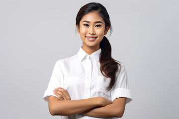 Portrait of asian beautiful waitress in white shirts while happily looking in camera with arms folded on white background.
