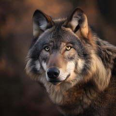 Naklejka na ściany i meble Capturing the intense gaze and intricate details in a close-up portrait of a magnificent and wild wolf.