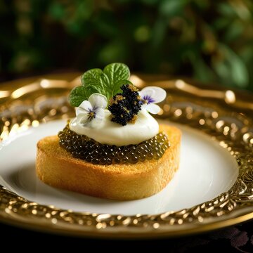Golden kaluga caviar with traditional garnish, cr&egrave;me fra&icirc;che & brioche toast served at this fine dining restaurant.