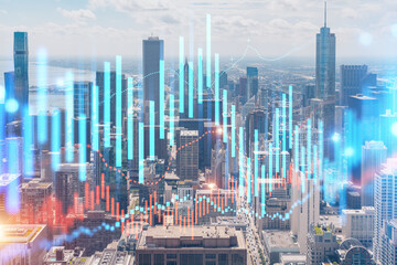 Skyscrapers Cityscape Downtown View, Chicago Skyline Buildings. Beautiful Real Estate. Day time. Forex Financial graph and chart hologram. Business education concept.
