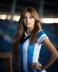 Portrait of a beautiful young woman in an Argentina soccer jersey - obrazy, fototapety, plakaty