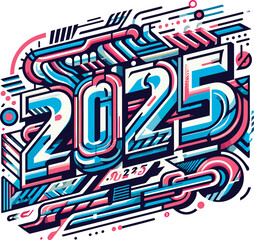 Abstract Creative Lettering 2025, new year celebration assets, red and blue