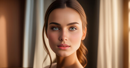 Beauty female face. Beautiful brunette woman, portrait close up. Portrait of Beauty woman with blue eyes. Beauty face. Fashion Beauty face. Top model girl with curly hairstyle. Woman face close up.