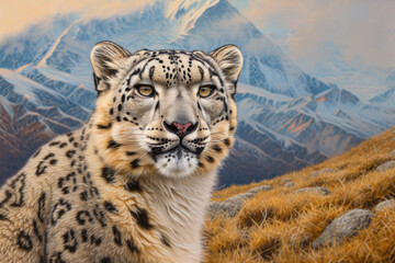 The regal presence of a snow leopard against the rugged backdrop of a mountainous terrain