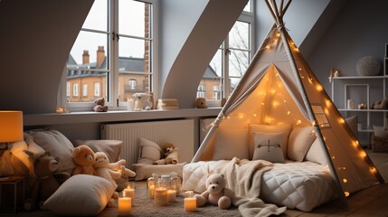 Fototapeta na wymiar Cozy Teepee Tent Bedroom With Fairy Lights