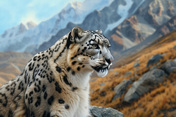 The regal presence of a snow leopard against the rugged backdrop of a mountainous terrain