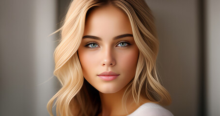 Fototapeta premium Woman portrait. Beautiful woman, portrait close up. Portrait of woman with blue eyes, perfect skin. Beauty face. Fashion portrait. Beauty model girl with curly hairstyle.