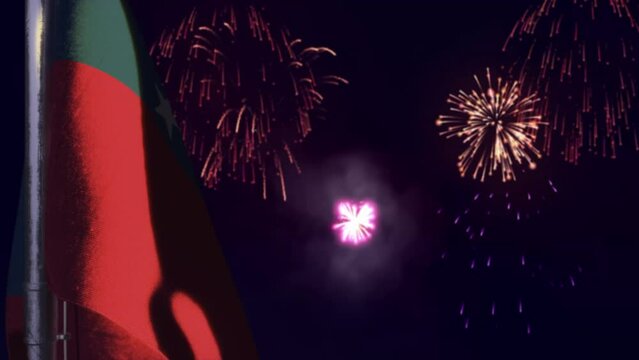 hanging Samoa flag on fireworks sky bokeh background