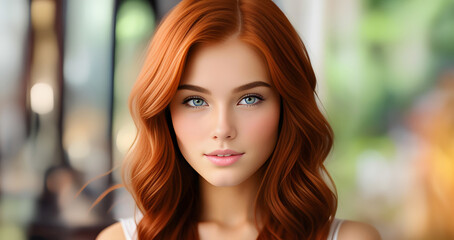 Beautiful ginger girl, closeup face. Beautiful brunette woman, portrait closeup. Face of young woman with blue eyes and red hair. Beauty face. Model girl with curly hairstyle. Woman face close up.