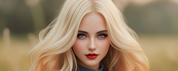 Blonde sexy woman with long curly beautiful hair and blue eyes close up. Portrait of a beauty woman. Sexy sensual blonde woman, beautiful girl. Romantic casual woman portrait. - obrazy, fototapety, plakaty