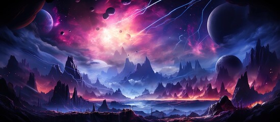 Fantasy landscape with mountains and planets - obrazy, fototapety, plakaty