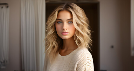 Fototapeta premium Beautiful blonde girl, closeup face. Beautiful brunette woman, portrait closeup. Face of young woman with blue eyes and wavy hair. Beauty face. Model girl with curly hairstyle. Woman face close up.