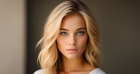 Beautiful blonde girl, closeup face. Beautiful brunette woman, portrait closeup. Face of young woman with blue eyes and wavy hair. Beauty face. Model girl with curly hairstyle. Woman face close up. - obrazy, fototapety, plakaty