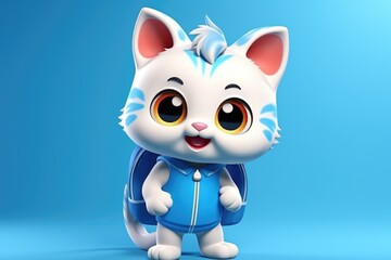 Fototapeta premium An illustration of a white kitten of schoolboy with a backpack on his back on blue background.