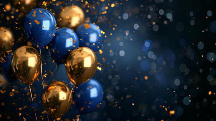 Gold and royal blue balloons with confetti, gold mirrored balloon party, stars, bokeh dark background, depth of field. Happy New Year creative,, generative  ai