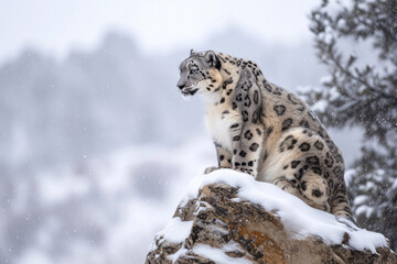 A snow leopard is perching on a snow-covered rock