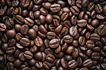 Naklejka premium Energetic macro view of dark coffee beans forming beautiful background with mocha undertones representing aromatic awakening of breakfast energies in gourmet coffee composition