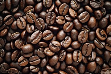 Fototapeta premium Energetic macro view of dark coffee beans forming beautiful background with mocha undertones representing aromatic awakening of breakfast energies in gourmet coffee composition