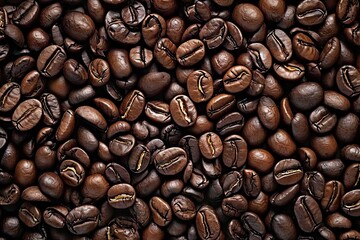 Naklejka premium Energetic macro view of dark coffee beans forming beautiful background with mocha undertones representing aromatic awakening of breakfast energies in gourmet coffee composition