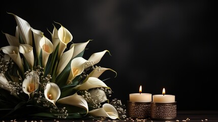 White calla lilies and candles on a dark background