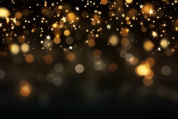 Fototapeta na wymiar Abstract festive dark background with gold stars. New year, birthday, holidays celebration.