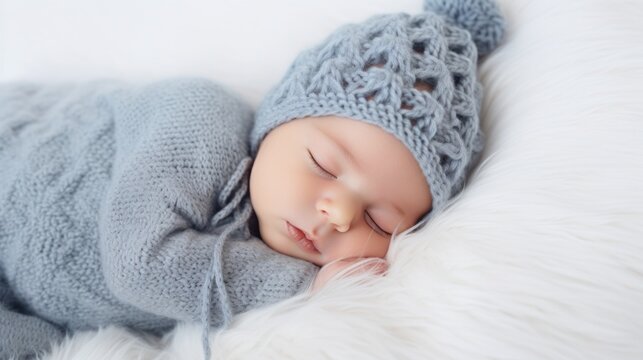 A close-up portrait of a sleeping newborn baby wearing a knitted blue hat on a white fur background. Studio professional photo shoot. New life, family and children concepts.