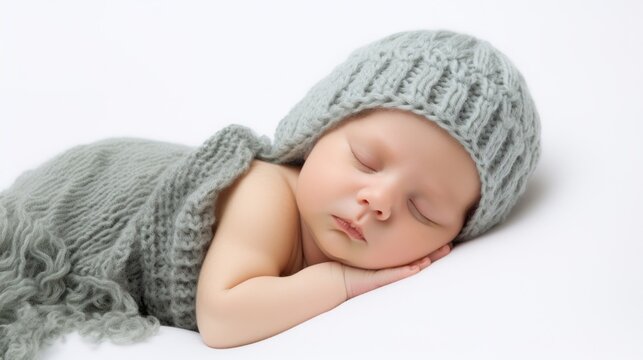A close-up portrait of a sleeping newborn baby wearing a knitted gray hat on a white background. Studio professional photo shoot. New life, family and children concepts.