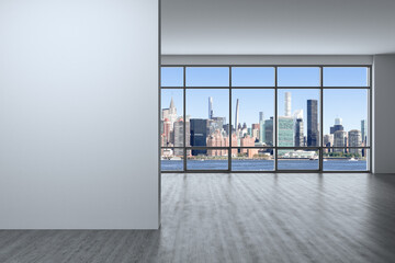 Midtown New York City Manhattan Skyline Buildings Window Background. Real estate Empty room Interior white mockup wall. Skyscrapers View Cityscape. East Side United Nations Headquarters. 3d rendering - obrazy, fototapety, plakaty