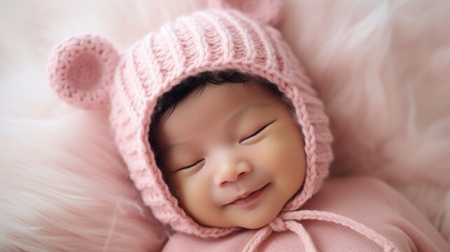 Close-up of sleeping smiling newborn Asian baby girl in pink knitted bear hat. Studio professional portrait, photo shoot. New life, family and multi ethnic children concepts.