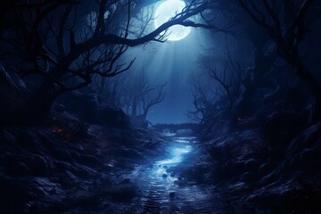 Fototapeta na wymiar Haunted forest in full moon night with spooky fog and lights, dark blue nature fantasy background for halloween, moonshine party or lantern festival