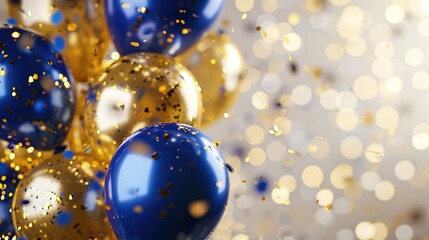 Gold and royal blue balloons with confetti, gold mirrored balloon party, stars, bokeh white...