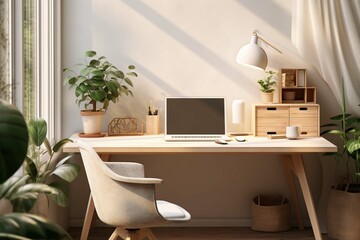 Home office interior. Workplace in light Scandinavian-style room. Laptop on the table, chair and houseplants