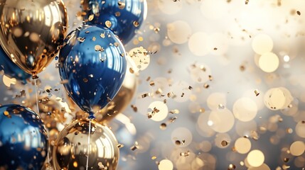 Gold and royal blue balloons with confetti, gold mirrored balloon party, stars, bokeh white background